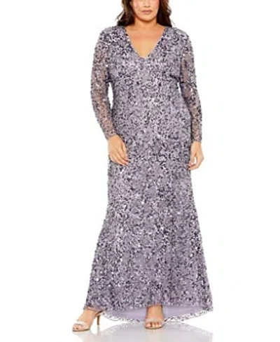 Shop Mac Duggal V Neck Embellished Long Sleeve Gown In Vintage Lilac