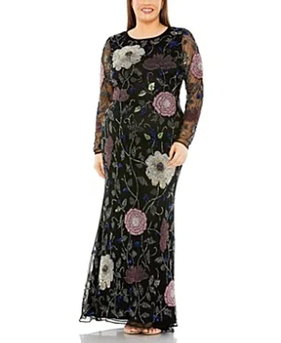 Shop Mac Duggal Long Sleeve High Neck Floral Embroidered Gown In Black Multi