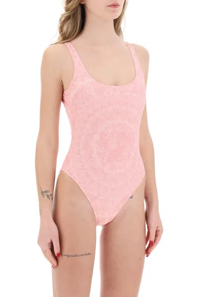 Shop Versace Baroque Full Body Swims In Pink
