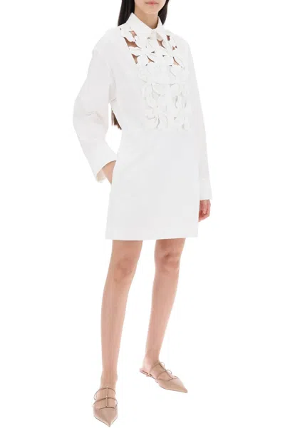 Shop Valentino Garavani "mini Dress In Compact Poplin With Hibisc In 白色的