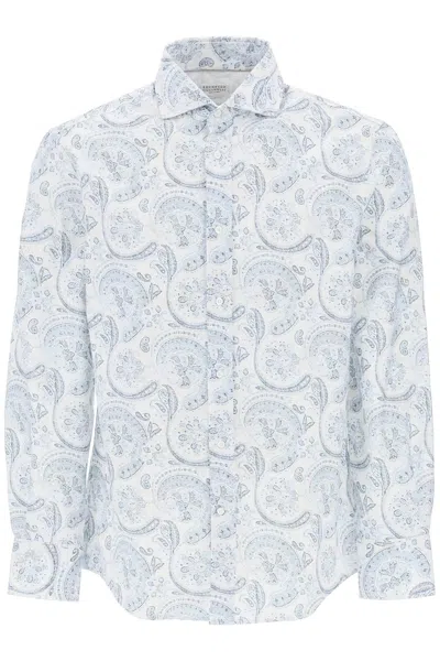 Shop Brunello Cucinelli Oxford Shirt With Paisley Pattern In White,blue