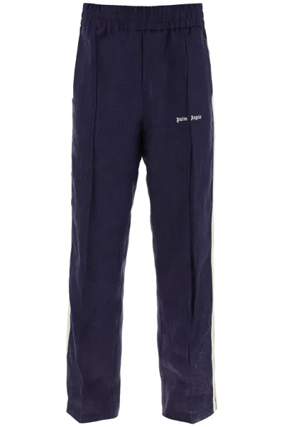 Shop Palm Angels Linen Joggers With Side Stripes In Blue