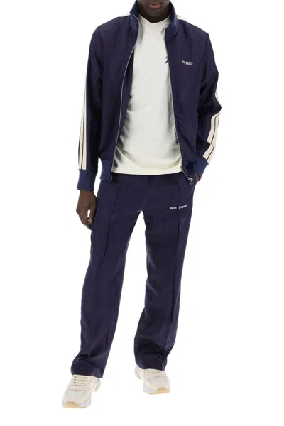 Shop Palm Angels Linen Joggers With Side Stripes In Blue