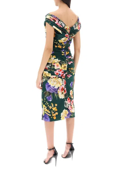 Shop Dolce & Gabbana Rose Garden Draped Midi Dress In 绿色的