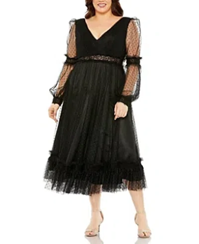Shop Mac Duggal V Neck Long Sleeve Lace Belt Polka Dot Dress In Black