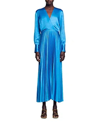 Shop Sandro Anissa Pleated Maxi Dress In Petrol Blue