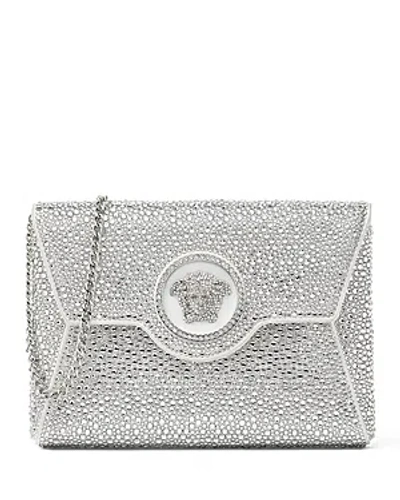 Shop Versace La Medusa Crystal Embellished Shoulder Bag In Pearl Gray