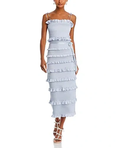 Shop V. Chapman Lily Smocked Floral Print Ruffle Trim Midi Dress In Arctic Ice