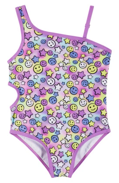 Shop Andy & Evan Kids' Smiley Print Cutout One-piece Swimsuit In Purple Smiley