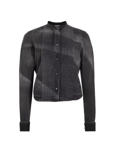 Shop Loewe Women's Pleated Denim Button-up Long-sleeve Shirt In Washed Black