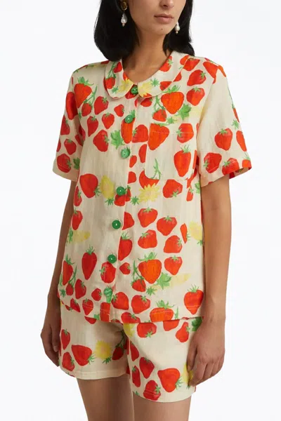 Shop Helmstedt Strawberry-print Linen-blend Shirt In Beige In Multi