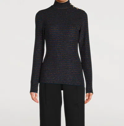 Shop Smythe Buttoned Turtleneck Sweater In Blue/bronze Metallic Stripe In Black