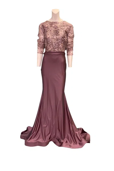 Jessica Angel Long Sleeve Lace Evening Gown In Champagne In White