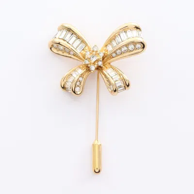 Shop Dior Ribbon Motif Pin Brooch Gp Rhinestone Gold Clear In Multi