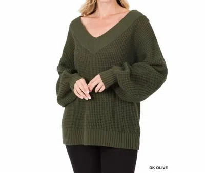 Shop Zenana Balloon Sleeve Wide V-neck Sweater In Dk Olive In Green