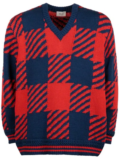 Bally Checked V-neck Cotton Jumper In Navy/red