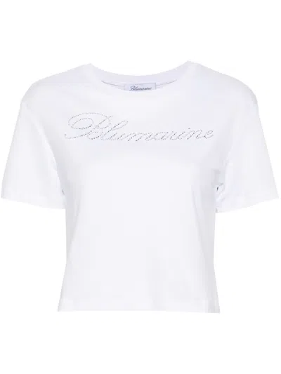 Shop Blumarine T-shirt Con Ricamo Logo In Strass In White