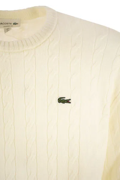 Shop Lacoste Plaited Wool Crew-neck Sweater In White
