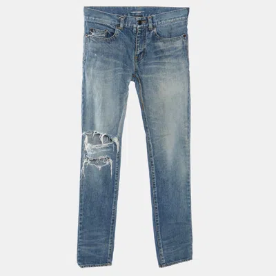 Pre-owned Saint Laurent Blue Denim Distressed Skinny Jeans S/waist 31"