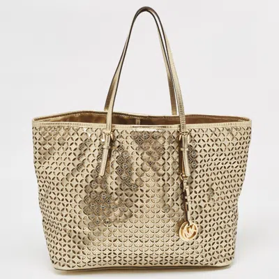 Pre-owned Michael Michael Kors Gold Laser Cut Leather Jet Set Travel Tote