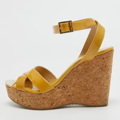 Pre-owned Jimmy Choo Yellow Patent Leather Cork Wedge Ankle Strap Sandals Size 39.5