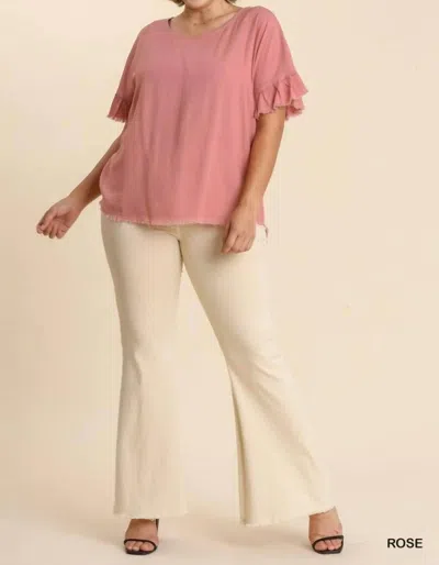 Umgee Linen Blend Round Neck Ruffle Sleeves Top In Pink