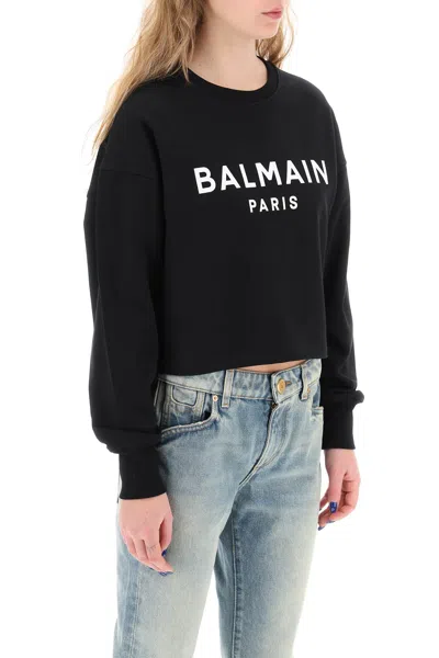 Shop Balmain Cropped Sweatshirt With Flocked Logo In Multi