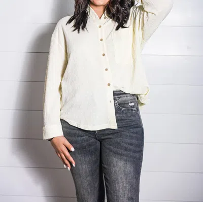 Shop Miou Muse Crinkled Button Down Top In White In Beige