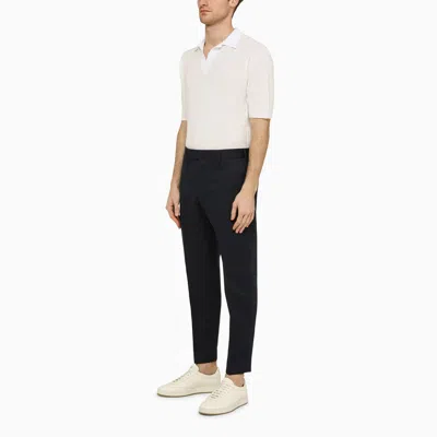 Pt Torino Navy Blue Slim Trousers In Cotton And Linen