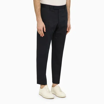 Shop Pt Torino Navy Blue Slim Trousers In Cotton And Linen