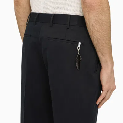 Shop Pt Torino Navy Blue Slim Trousers In Cotton And Linen