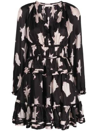 Shop Ulla Johnson Women Emery Long Sleeve V-neck Ruffled Skirt Mini Dress Black Noir Blur