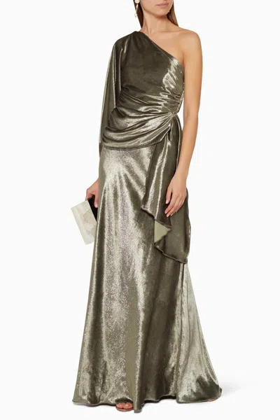Shop Maria Lucia Hohan Amaris Velvet One Shoulder Gown In Khaki In Silver