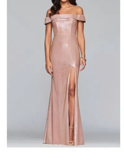 Shop Faviana Classic Metallic Off The Shoulder Gown In Rose Gold In Pink