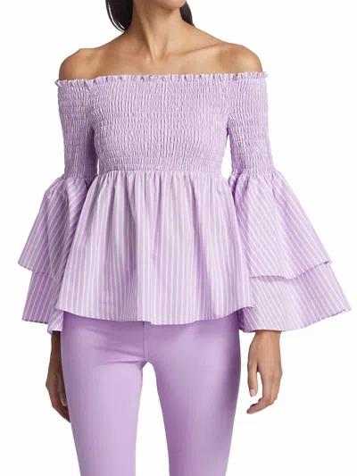 Shop L Agence Denver Off-shoulder Blouse In Lavender/white Stripe In Purple