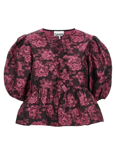 Shop Ganni Floral Jacquard Blouse Shirt, Blouse Fuchsia