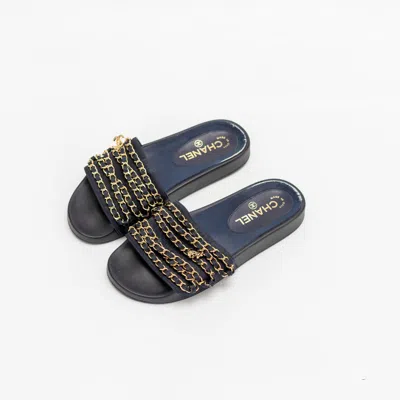 Pre-owned Chanel Navy Satin Tropicana Slides, 37