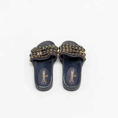 Pre-owned Chanel Navy Satin Tropicana Slides, 37