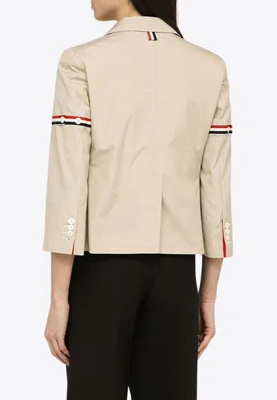 Thom Browne Cropped Striped Grosgrain-trimmed Canvas Blazer In Beige