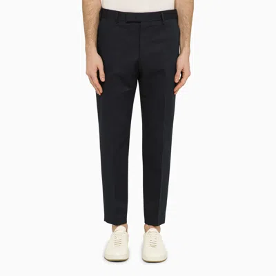 Shop Pt Torino Navy Blue Slim Trousers In Cotton And Linen