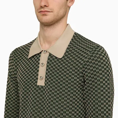 Shop Wales Bonner Green/beige Jacquard Long Sleeved Polo Shirt