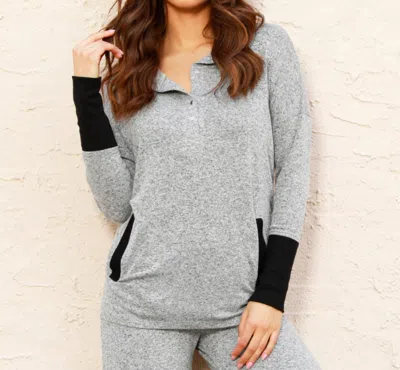 Shop French Kyss Button Ribbed Hoodie With Pocket In Tin/black In Grey