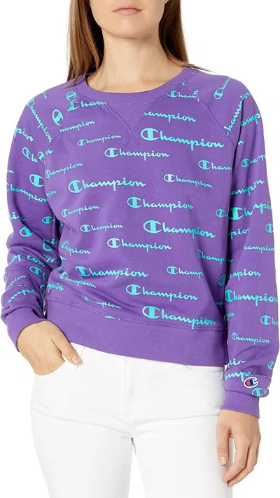 Shop Champion Campus French Terry Print Crew Sweatshirt In Solid Scripts/purple Crush