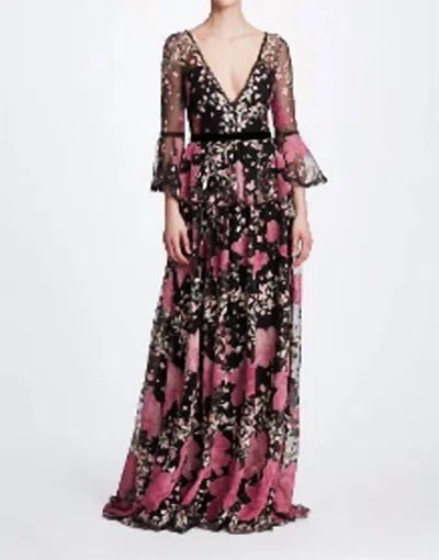 Shop Marchesa Bell Sleeve V Neck Floral Gown In Black In Multi