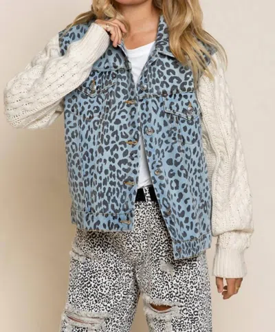 Shop Pol Denim Jacket With Cable Knit Sleeve In Leopard/cream In Beige