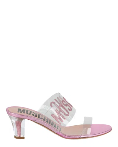 Shop Moschino Glitter Logo Heel Sandals In Multi