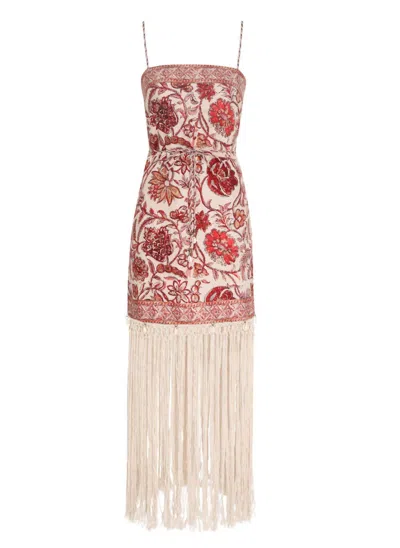 Shop Zimmermann Vitali Fringe Mini Dress In Floral Sepia In Pink