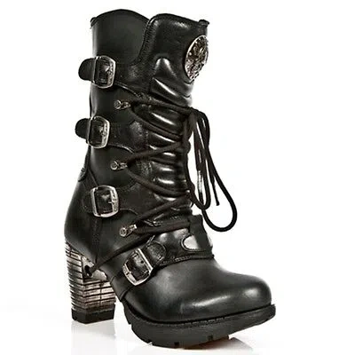 Pre-owned New Rock Newrock Rock Womens Boots Style M.tr003 S1 Black Steel Heels