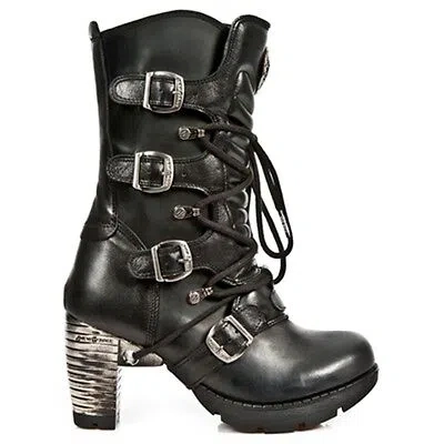 Pre-owned New Rock Newrock Rock Womens Boots Style M.tr003 S1 Black Steel Heels
