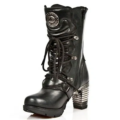 Pre-owned New Rock Newrock Rock Womens Boots Style M.tr003 S1 Black Steel Heels